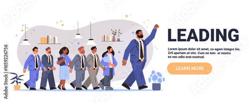 Leading business team leadership concept diverse group of professionals following confident manager modern office interior plants bookshelves abstract background website banner