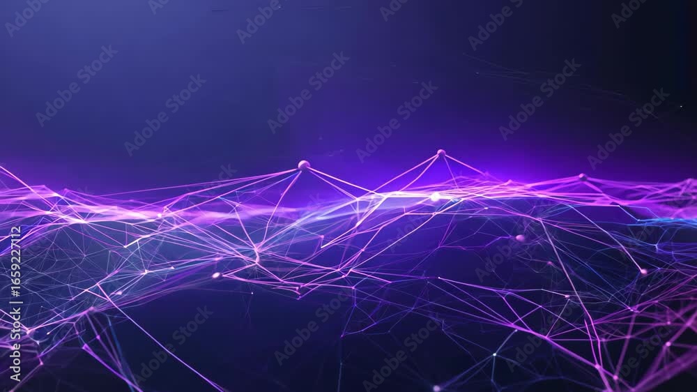 This captivating abstract image showcases a vibrant purple network design featuring interconnected points and lines, symbolizing data flow and digital communication.