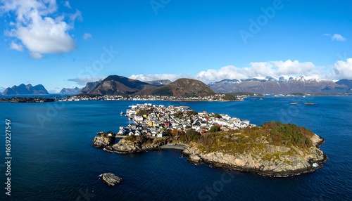 Scenic island town, vibrant colours, stunning water views