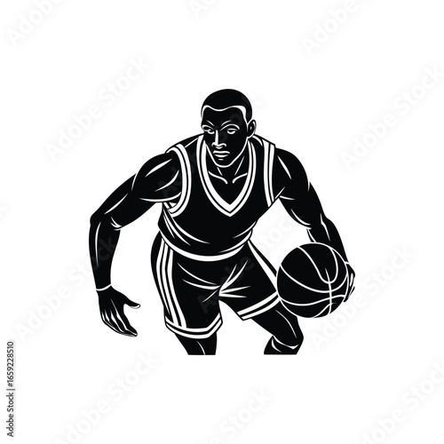 Silhouette of a basketball player dribbling the ball in black and white