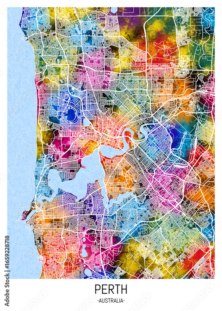Fototapeta premium Perth Australia City Map. city background abstract printable travel art banner, modern city background watercolor paint, urban art