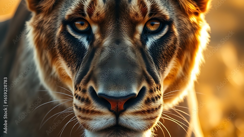 Fototapeta premium Lioness with a focused gaze, showcasing detailed fur under warm savanna sunlight.