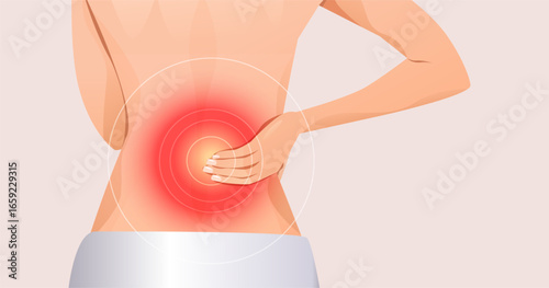 Back pain relief illustration person holding lower back with highlighted red pain area health wellness concept light background