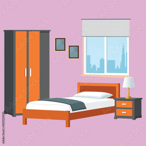 Modern bedroom interior with pink bed and stylish furniture