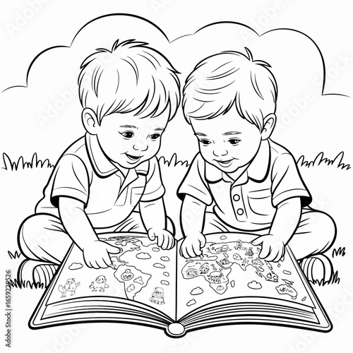 Two Young Boys Studying World Map Together.