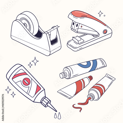 Collection of Illustrated Office and Art Supplies.