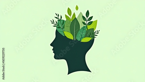 Nature mind concept with green leaves inside head illustration design