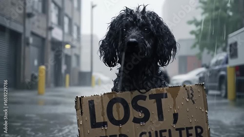 Lost Black Poodle in the Rainy Street Holds Cardboard Sign Reading 'Lost Need Shelter' in a Somber Low Angle Shot Emphasizing Animal Rescue and Needs, Urban Background and Wet City Setting