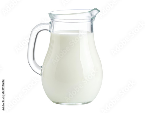 A glass jug full of whole cream cow milk isolated on transparent background.