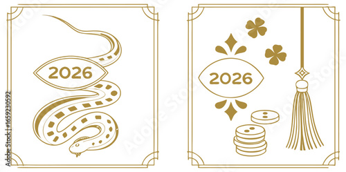 Vector art of elegant golden snake and lucky charms for chinese new year 2026