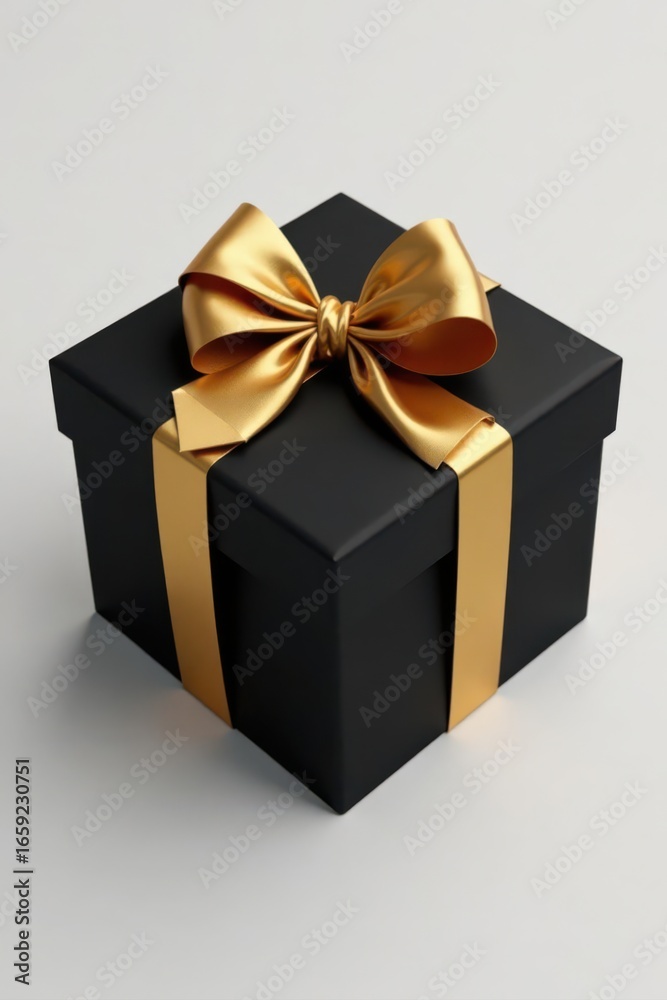 Fototapeta premium Black gift box, golden bow, white card; Black Friday concept , economy, season