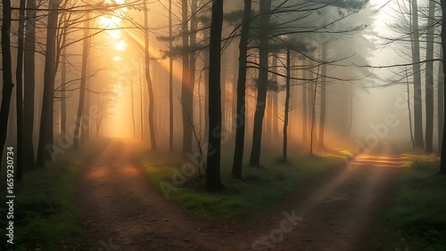 A misty forest with diverging paths, bathed in golden light filtering through trees.