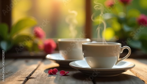 Wallpaper Mural Blurred background, focus on two filled teacups, steam rising, intimacy, peaceful, close Torontodigital.ca