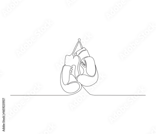 One continuous line drawing of boxing gloves. single line illustration of boxer fighting equipment. self defense concept. editable outline