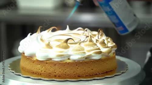 Gourmet lemon tart with meringue topping being flamb?ed