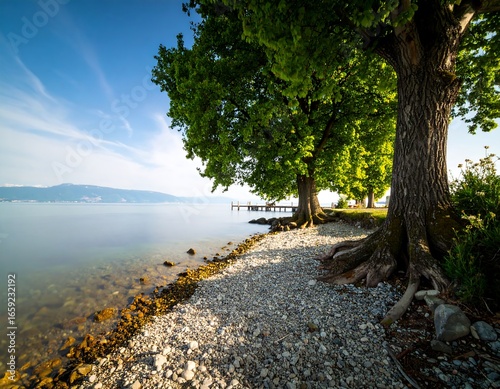 Scenic lake shore with trees
