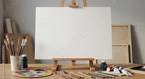 Artist's workspace with a blank canvas on an easel, paints, brushes, and palette ready for creative inspiration and new art projects.