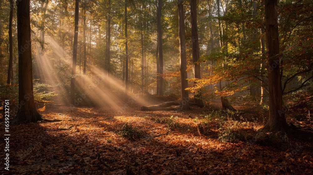 Fototapeta premium Sunlight streams through a tranquil autumn forest.