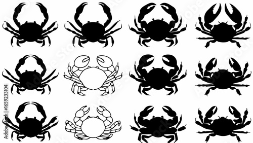 Collection of twelve crab illustrations in black silhouette and outline on a white background
