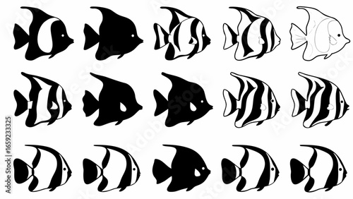 Collection of fifteen black and white moorish idol fish in various styles and patterns displayed in rows