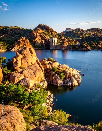 Scenic lake view with rocky shoreline