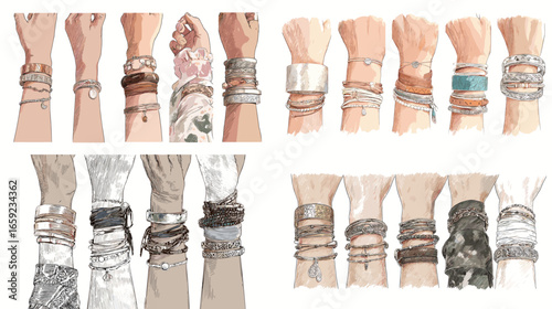 Stylish female hands adorned with multiple bracelets and bangles in modern boho style. Elegant fashion illustration showcasing jewelry accessories on different skin tones.