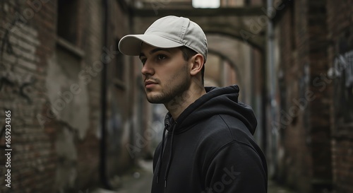 Portrait of a serious young man in a black hoodie and baseball cap looking away in a moody, gritty urban city alley.
