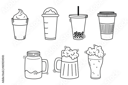 Illustrations of different beverage containers including cups, mugs, and jars shown in a playful hand-drawn style, representing diverse cold and hot drink options, perfect for culinary.
