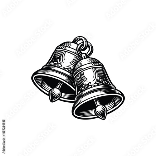 Detailed black and white illustration of two hanging christmas bells