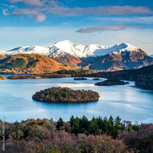 Scenic lake with snowy mountains