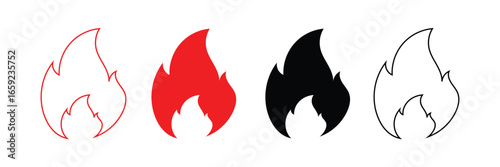 Flame vector collection with fire icons, flammable sign silhouettes, campfire and energy flame symbols.