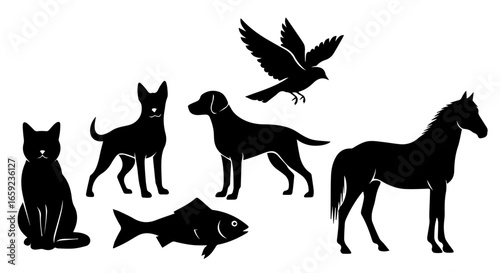 A collection of black animal silhouettes featuring a cat, two dogs, a bird, a fish, and a horse, isolated on a white background.