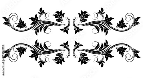 Symmetrical black ornamental scrollwork with acanthus leaves, forming an elegant vintage-style divider or decorative element on a white background.