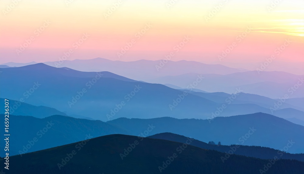 Fototapeta premium Mountain landscape with a misty forest and a golden sunrise casting a warm glow over the peaks and valleys