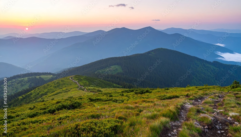 Fototapeta premium Mountain landscape with a misty forest and a golden sunrise casting a warm glow over the peaks and valleys