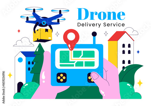 Drone Delivery Service Illustration featuring a Shipping Parcel Package with Modern Technology using Remote Control Air Logistics in a Background