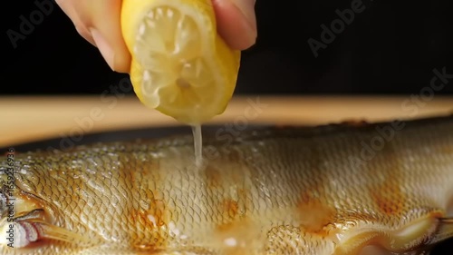 Hand squeezing lemon juice onto cooked fish