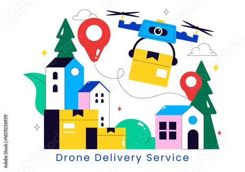 Drone Delivery Service Illustration featuring a Shipping Parcel Package with Modern Technology using Remote Control Air Logistics in a Background