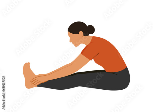 Flat vector side view of Seated Forward Bend; legs extended, torso folding to toes. Clean minimal style with subtle shadow, isolated on white for stretching and flexibility themes.
