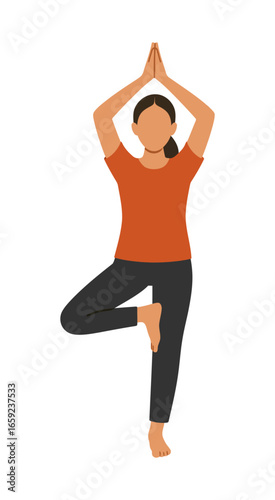 Flat vector of a man balancing in Tree Pose, one foot on inner thigh, hands in prayer overhead. Minimal color blocks, soft shadow, isolated on white for yoga and balance concepts.