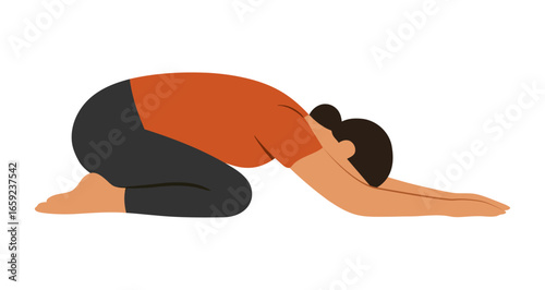 Flat vector of Child’s Pose from side view—kneeling, torso resting on thighs, arms forward. Soft shadow and minimal shapes, isolated on white for rest, recovery and calm concepts.