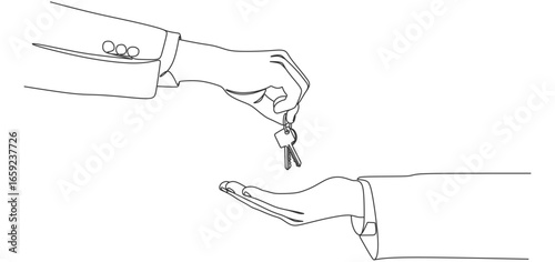 minimalist line art illustration showing one hand giving a set of keys to another hand. The concept represents property transactions, real estate sales, rental agreements, new home ownership