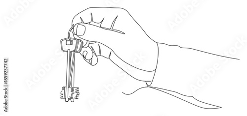 minimalist line art illustration of a hand holding a keyring with two keys. The drawing symbolizes concepts such as home ownership, property access, real estate, security, unlocking 