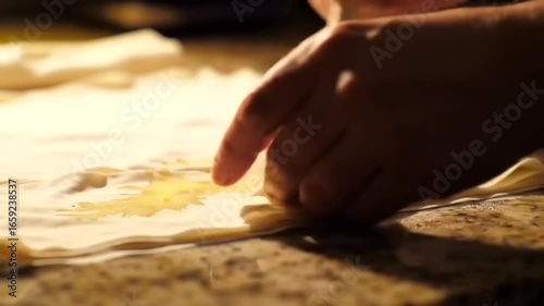 Hands brushing oil onto thin sheets of pastry