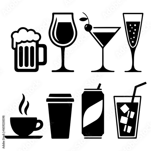 Beverages or drinks icon set. Containing bottle, wine glass, coconut, mineral water, tea, coffee, beer, soda can, juice, cup, cocktail. Vector illustration