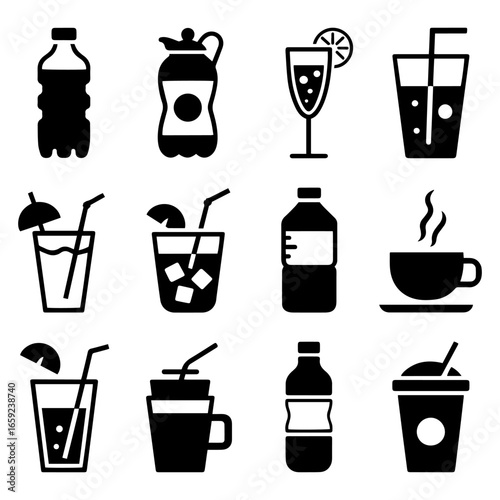 Beverages or drinks icon set. Containing bottle, wine glass, coconut, mineral water, tea, coffee, beer, soda can, juice, cup, cocktail. Vector illustration