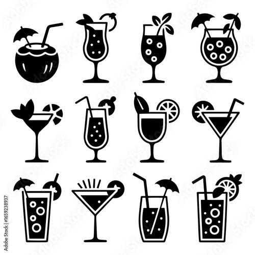 Beverages or drinks icon set. Containing bottle, wine glass, coconut, mineral water, tea, coffee, beer, soda can, juice, cup, cocktail. Vector illustration