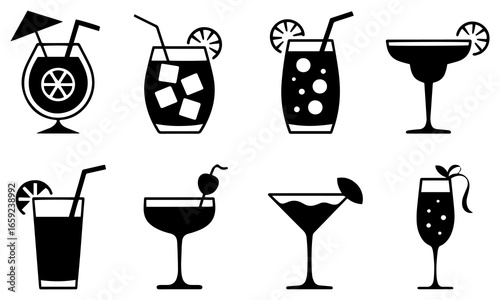 Beverages or drinks icon set. Containing bottle, wine glass, coconut, mineral water, tea, coffee, beer, soda can, juice, cup, cocktail. Vector illustration