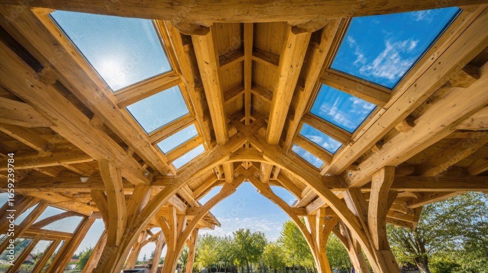 Obraz premium Detailed view of a wooden roof structure with skylights.