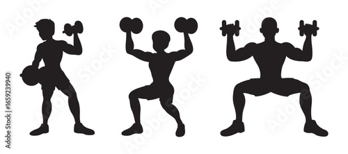 Fitness trio silhouetted men sculpting with weights
